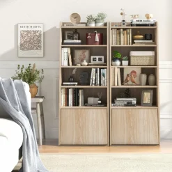 Tangkula 6 Tier Bookcase, Modern Bookshelf w/ 2 Adjustable Shelves & Flip-up Door, Wood Storage Cabinet with 5 Open Shelves