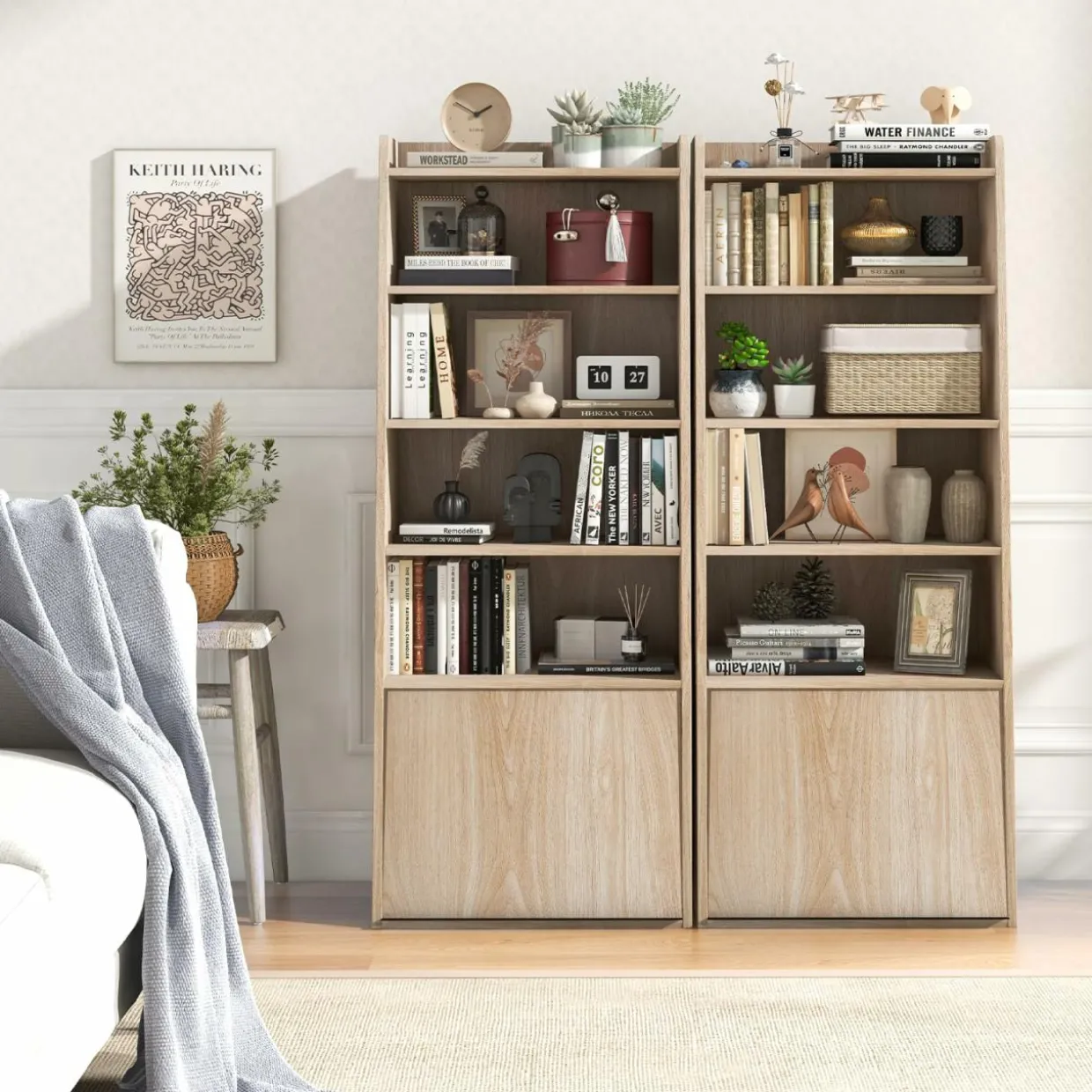Tangkula 6 Tier Bookcase, Modern Bookshelf w/ 2 Adjustable Shelves & Flip-up Door, Wood Storage Cabinet with 5 Open Shelves