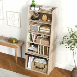Tangkula 6 Tier Bookcase, Modern Bookshelf w/ 2 Adjustable Shelves & Flip-up Door, Wood Storage Cabinet with 5 Open Shelves
