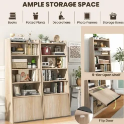 Tangkula 6 Tier Bookcase, Modern Bookshelf w/ 2 Adjustable Shelves & Flip-up Door, Wood Storage Cabinet with 5 Open Shelves