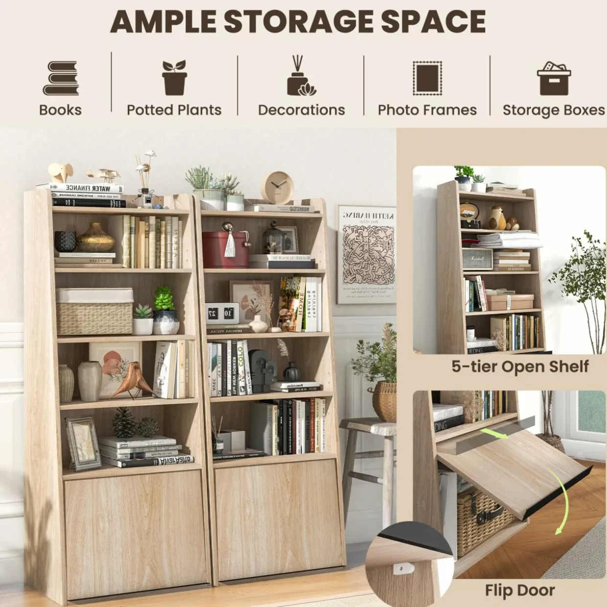 Tangkula 6 Tier Bookcase, Modern Bookshelf w/ 2 Adjustable Shelves & Flip-up Door, Wood Storage Cabinet with 5 Open Shelves