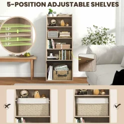 Tangkula 6 Tier Bookcase, Modern Bookshelf w/ 2 Adjustable Shelves & Flip-up Door, Wood Storage Cabinet with 5 Open Shelves