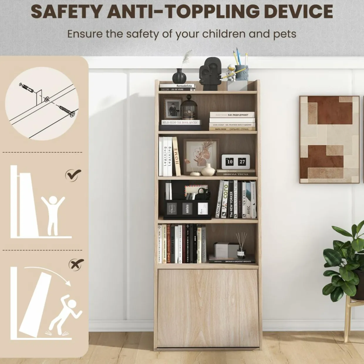 Tangkula 6 Tier Bookcase, Modern Bookshelf w/ 2 Adjustable Shelves & Flip-up Door, Wood Storage Cabinet with 5 Open Shelves