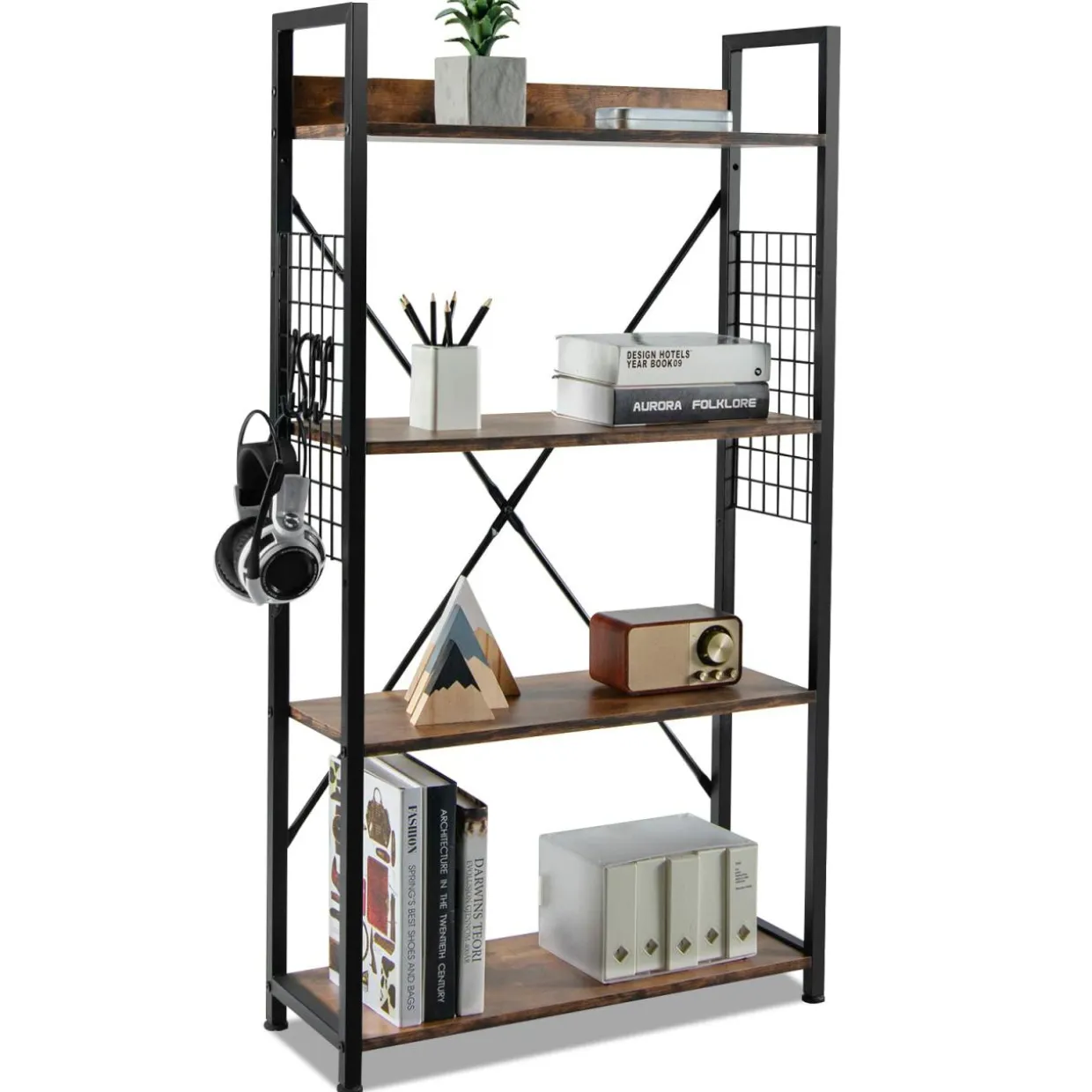 Tangkula 4 Tier Bookshelf with S-Shaped Hooks, Metal Frame Wood Look Display Shelf