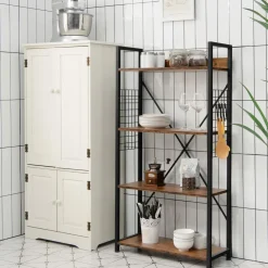 Tangkula 4 Tier Bookshelf with S-Shaped Hooks, Metal Frame Wood Look Display Shelf