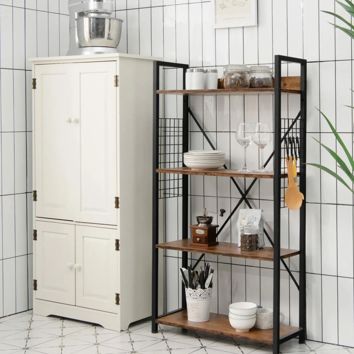 Tangkula 4 Tier Bookshelf with S-Shaped Hooks, Metal Frame Wood Look Display Shelf