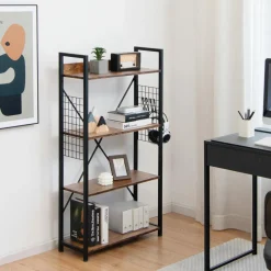 Tangkula 4 Tier Bookshelf with S-Shaped Hooks, Metal Frame Wood Look Display Shelf