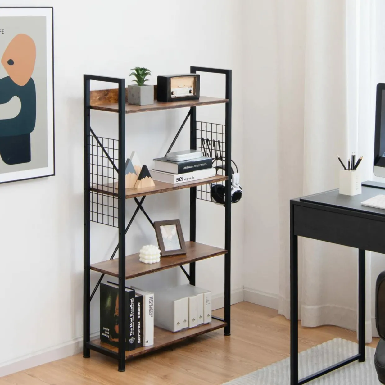 Tangkula 4 Tier Bookshelf with S-Shaped Hooks, Metal Frame Wood Look Display Shelf