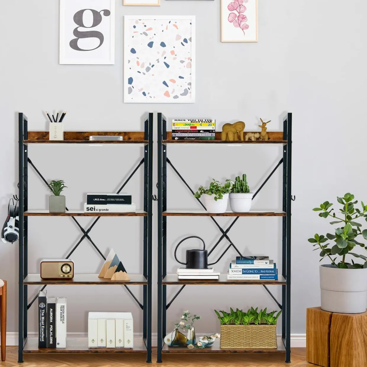 Tangkula 4 Tier Bookshelf with S-Shaped Hooks, Metal Frame Wood Look Display Shelf
