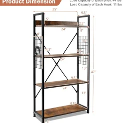 Tangkula 4 Tier Bookshelf with S-Shaped Hooks, Metal Frame Wood Look Display Shelf