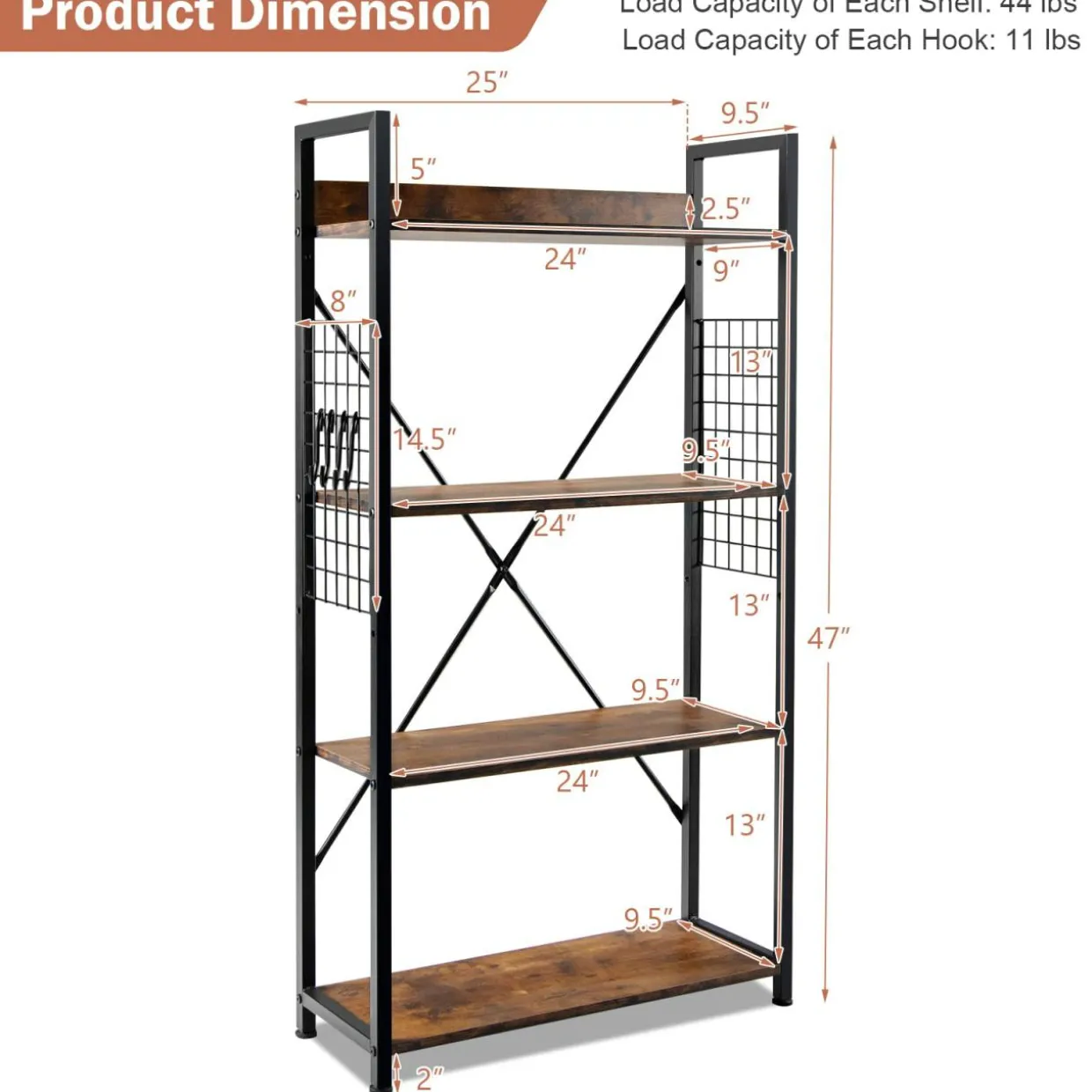 Tangkula 4 Tier Bookshelf with S-Shaped Hooks, Metal Frame Wood Look Display Shelf