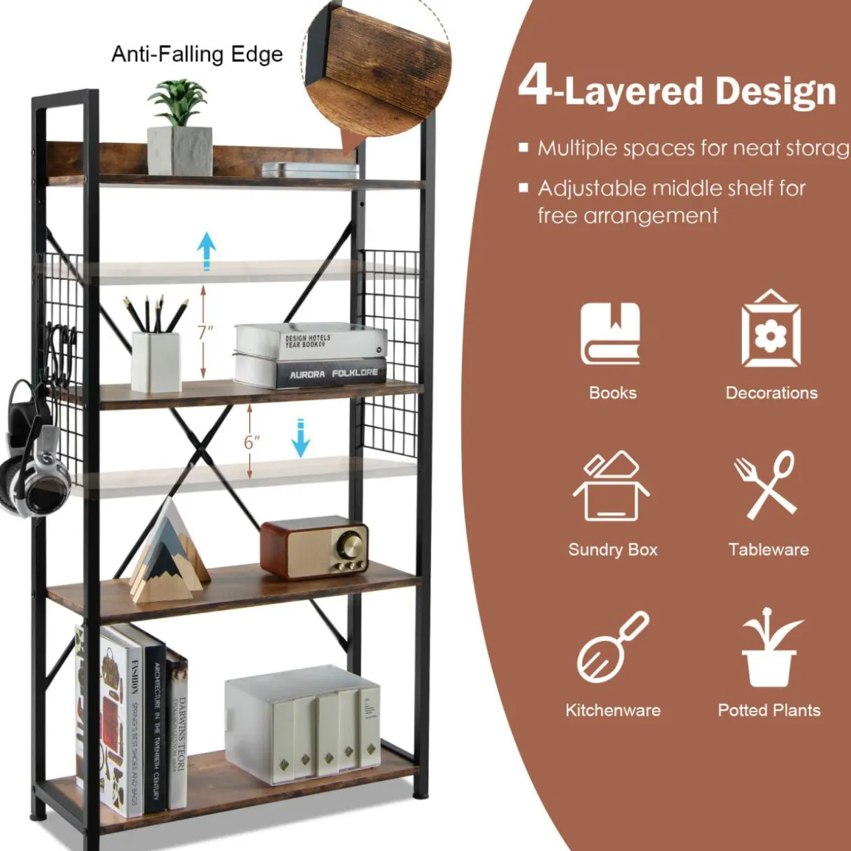 Tangkula 4 Tier Bookshelf with S-Shaped Hooks, Metal Frame Wood Look Display Shelf