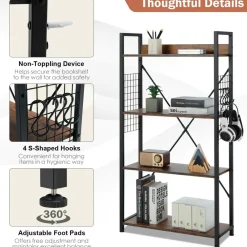 Tangkula 4 Tier Bookshelf with S-Shaped Hooks, Metal Frame Wood Look Display Shelf