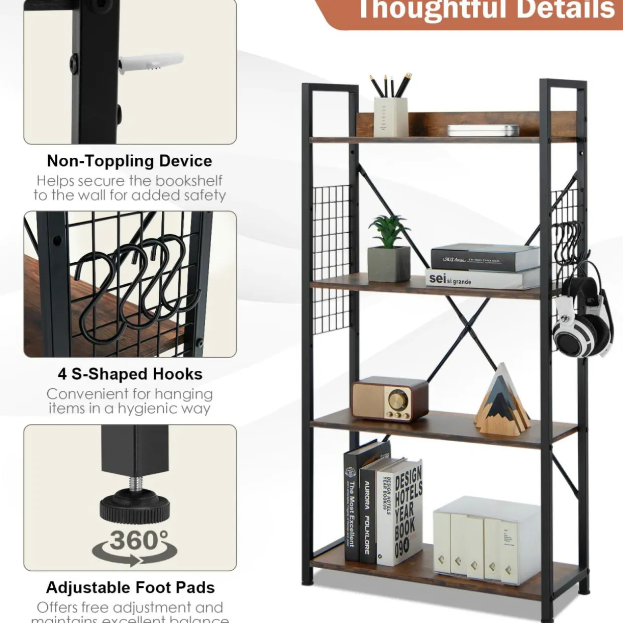 Tangkula 4 Tier Bookshelf with S-Shaped Hooks, Metal Frame Wood Look Display Shelf