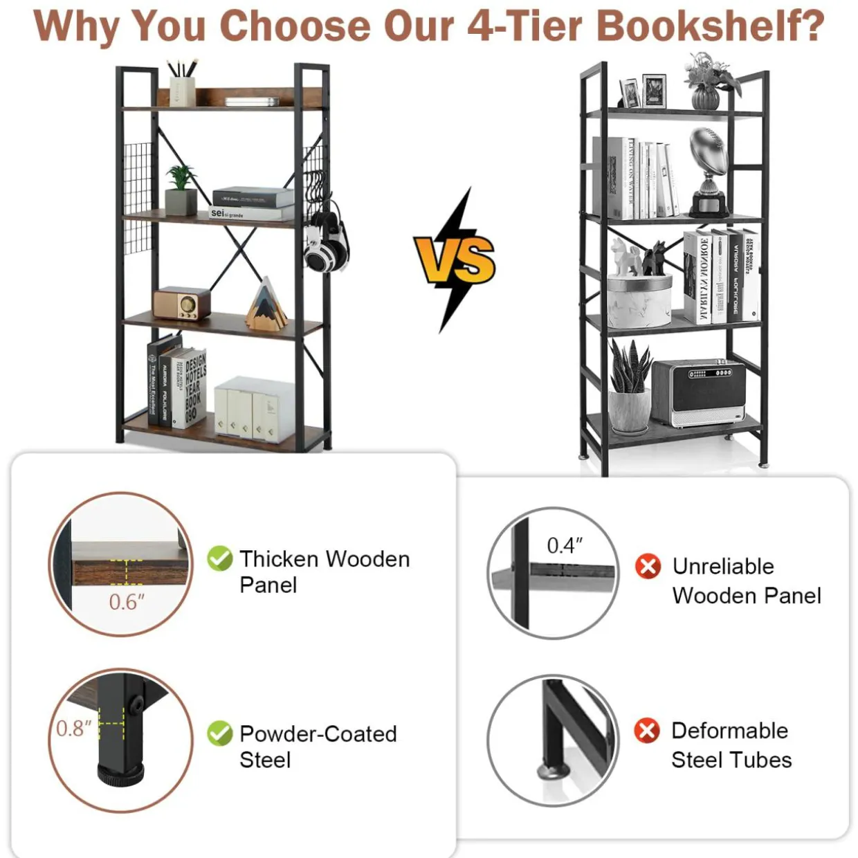 Tangkula 4 Tier Bookshelf with S-Shaped Hooks, Metal Frame Wood Look Display Shelf