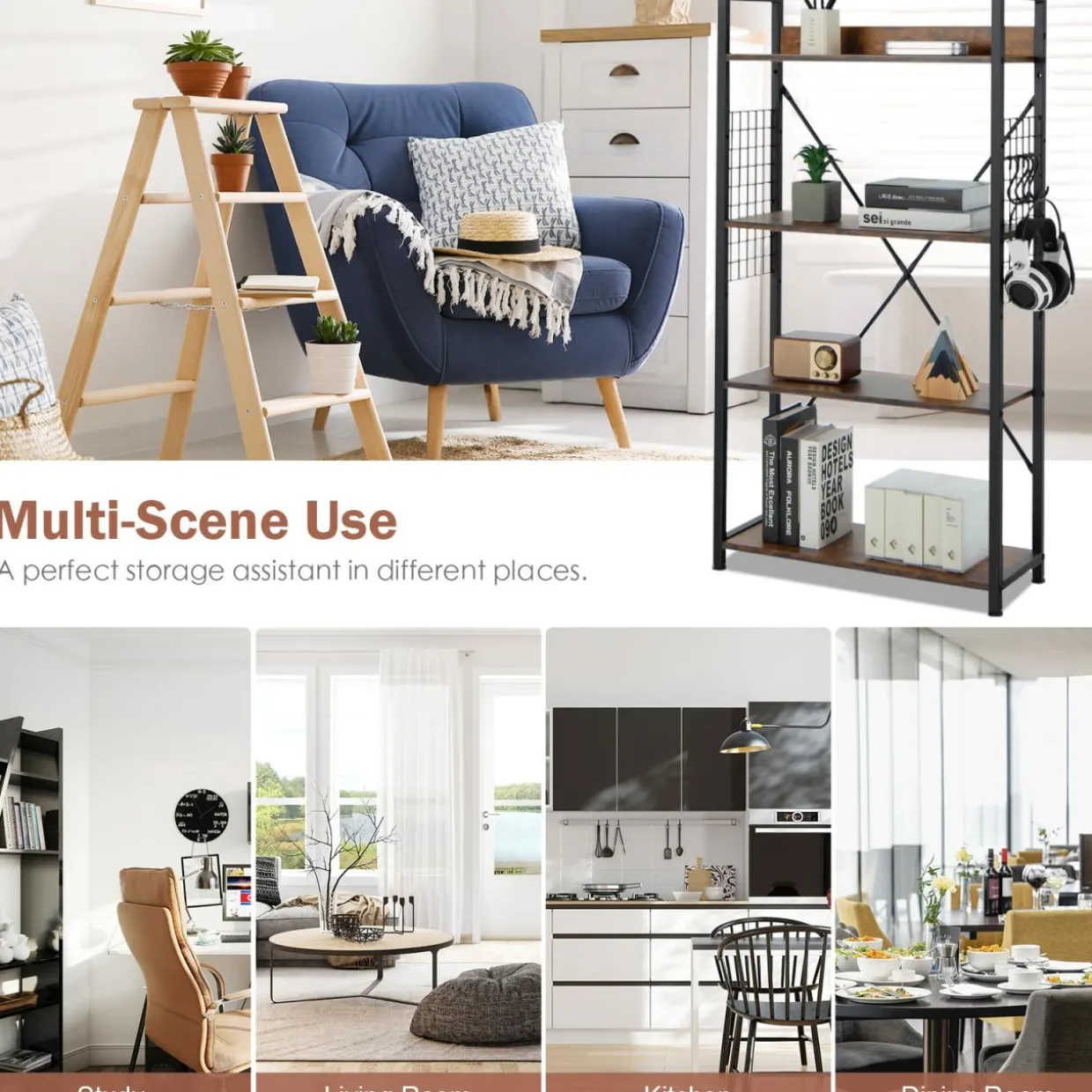 Tangkula 4 Tier Bookshelf with S-Shaped Hooks, Metal Frame Wood Look Display Shelf
