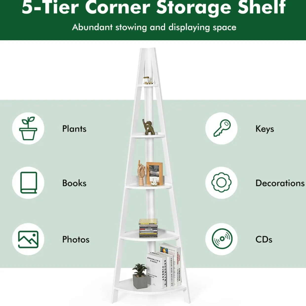 Tangkula 5 Tier Corner Shelf, 69 Inch Tall Corner Bookshelf Ladder Shelf Plant Stand for Living Room Home Office