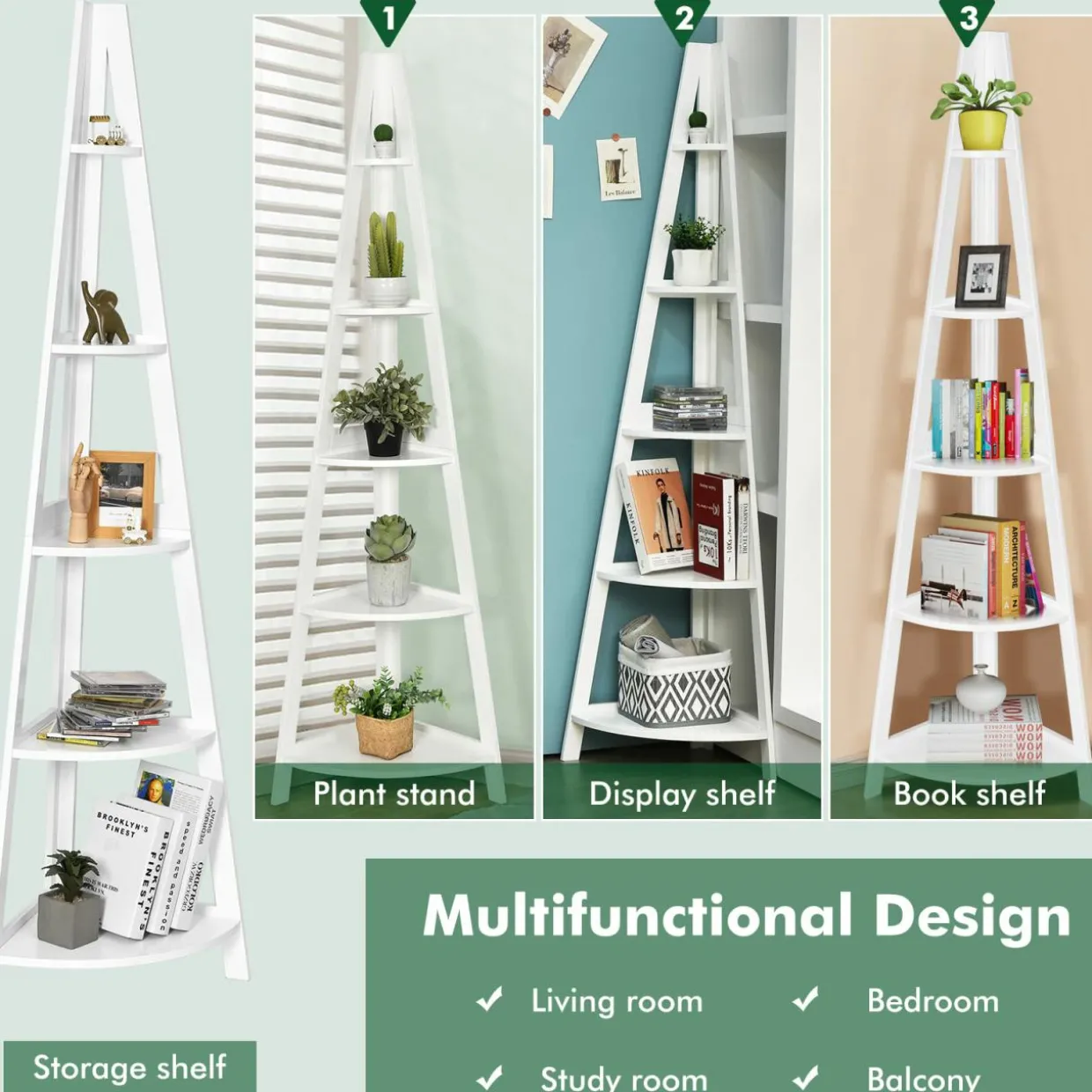 Tangkula 5 Tier Corner Shelf, 69 Inch Tall Corner Bookshelf Ladder Shelf Plant Stand for Living Room Home Office
