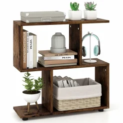Tangkula 2 Tier Geometric Bookshelf, Freestanding Wood Display Shelf