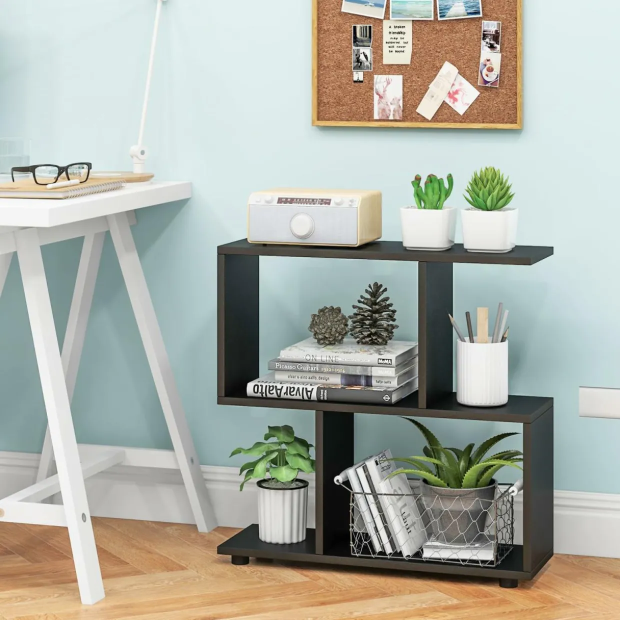 Tangkula 2 Tier Geometric Bookshelf, Freestanding Wood Display Shelf