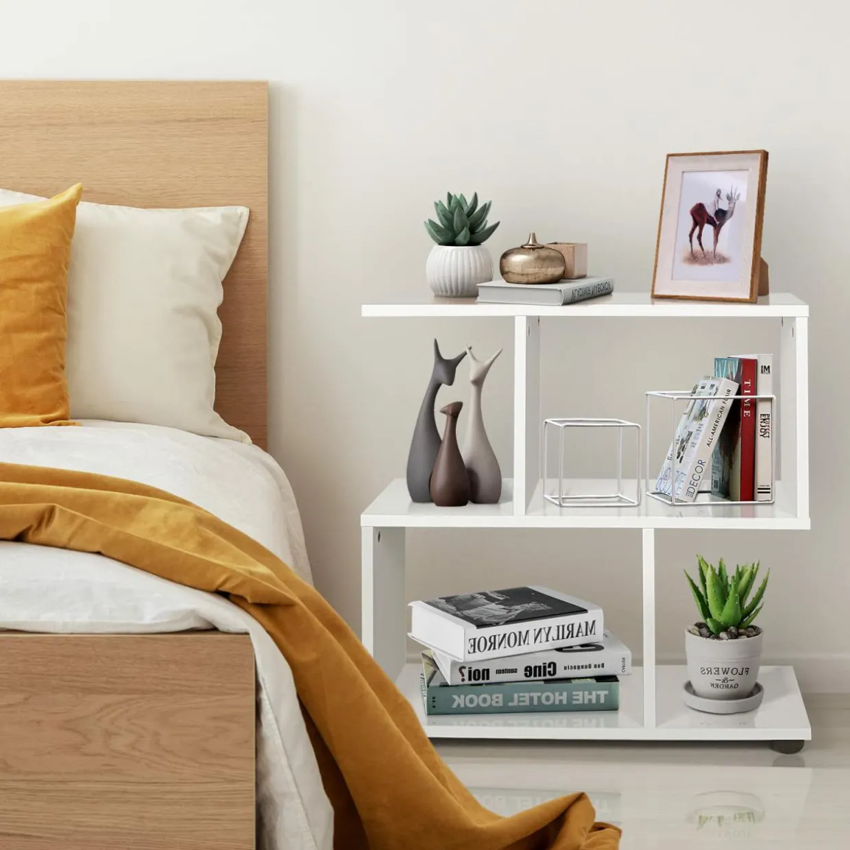 Tangkula 2 Tier Geometric Bookshelf, Freestanding Wood Display Shelf