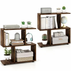 Tangkula 2 Tier Geometric Bookshelf, Freestanding Wood Display Shelf