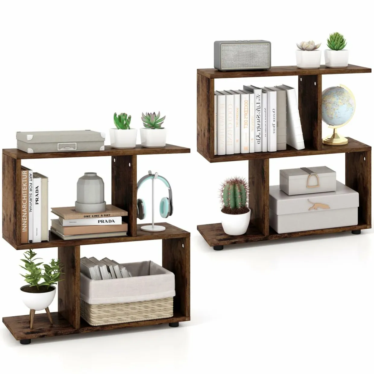 Tangkula 2 Tier Geometric Bookshelf, Freestanding Wood Display Shelf