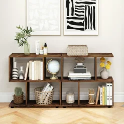 Tangkula 2 Tier Geometric Bookshelf, Freestanding Wood Display Shelf