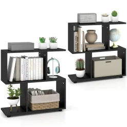 Tangkula 2 Tier Geometric Bookshelf, Freestanding Wood Display Shelf