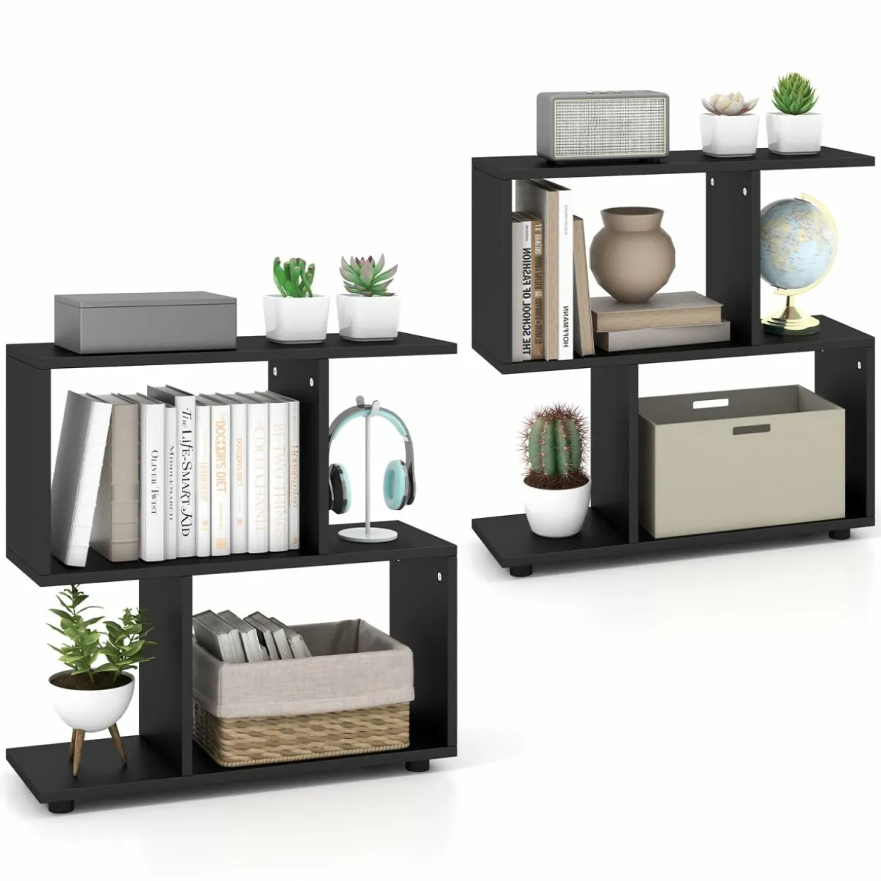 Tangkula 2 Tier Geometric Bookshelf, Freestanding Wood Display Shelf