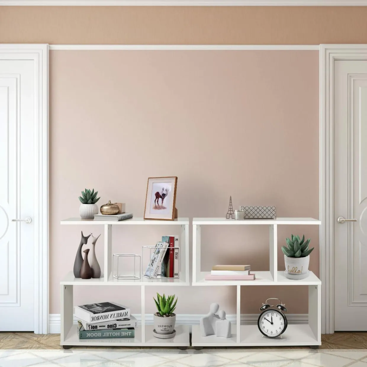 Tangkula 2 Tier Geometric Bookshelf, Freestanding Wood Display Shelf