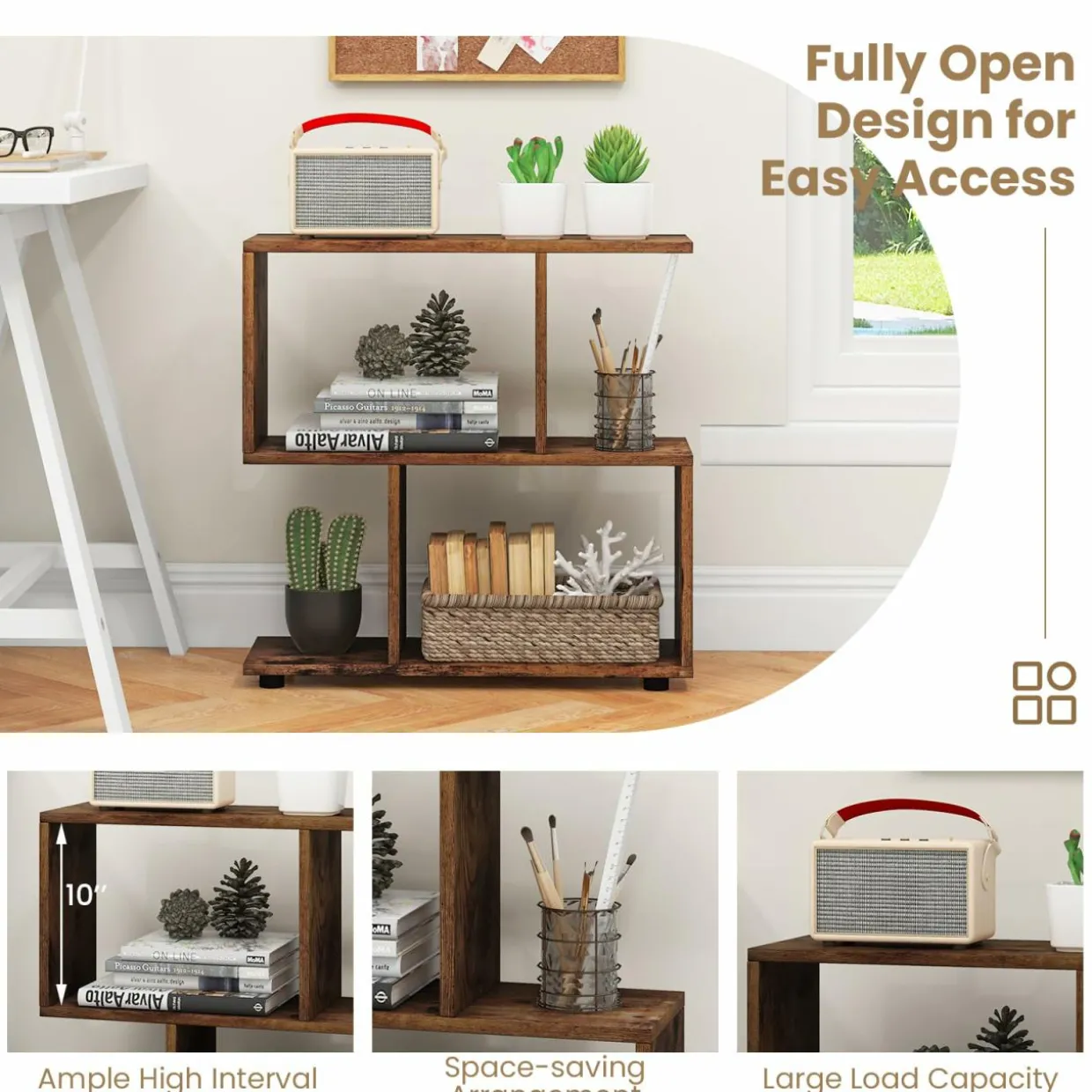 Tangkula 2 Tier Geometric Bookshelf, Freestanding Wood Display Shelf
