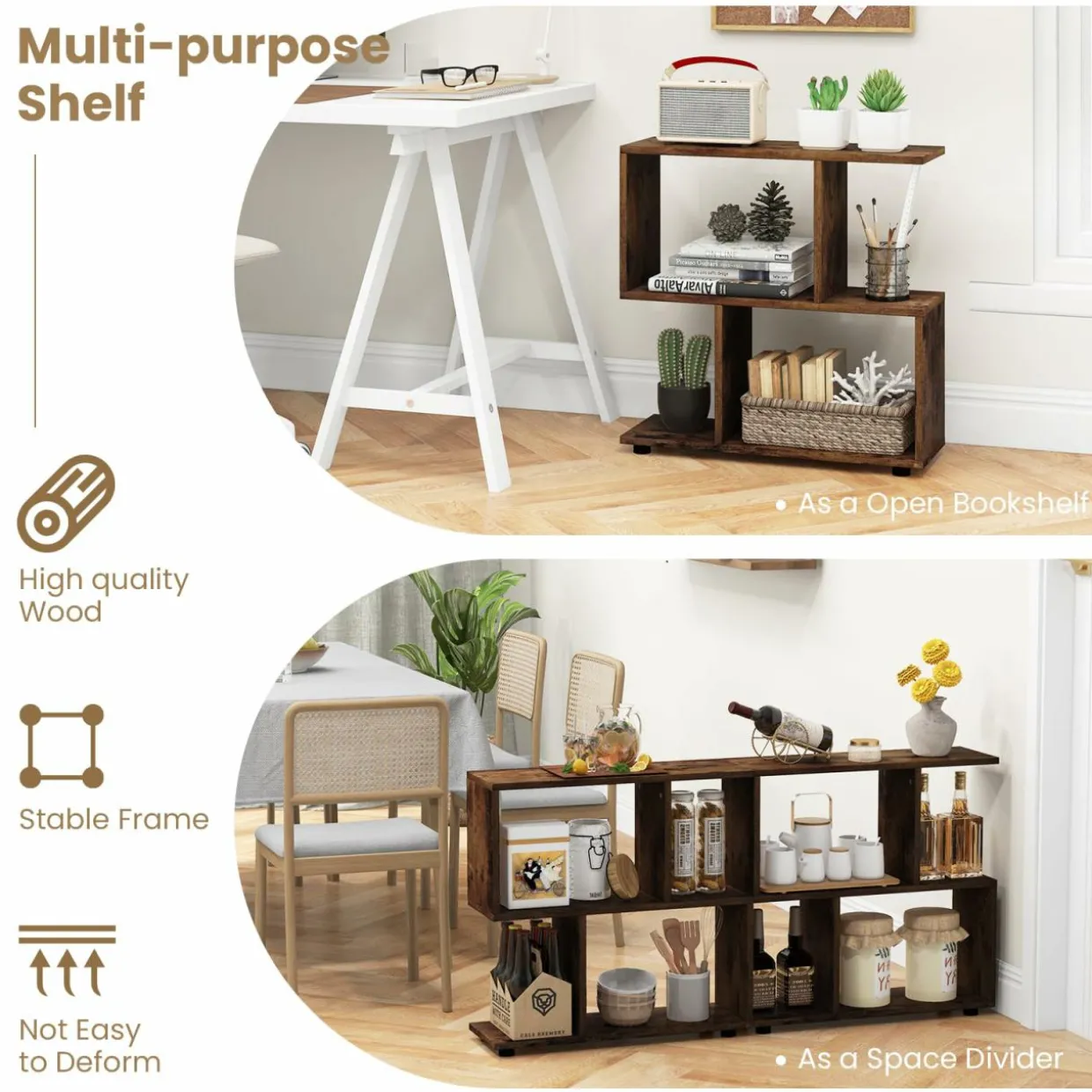 Tangkula 2 Tier Geometric Bookshelf, Freestanding Wood Display Shelf