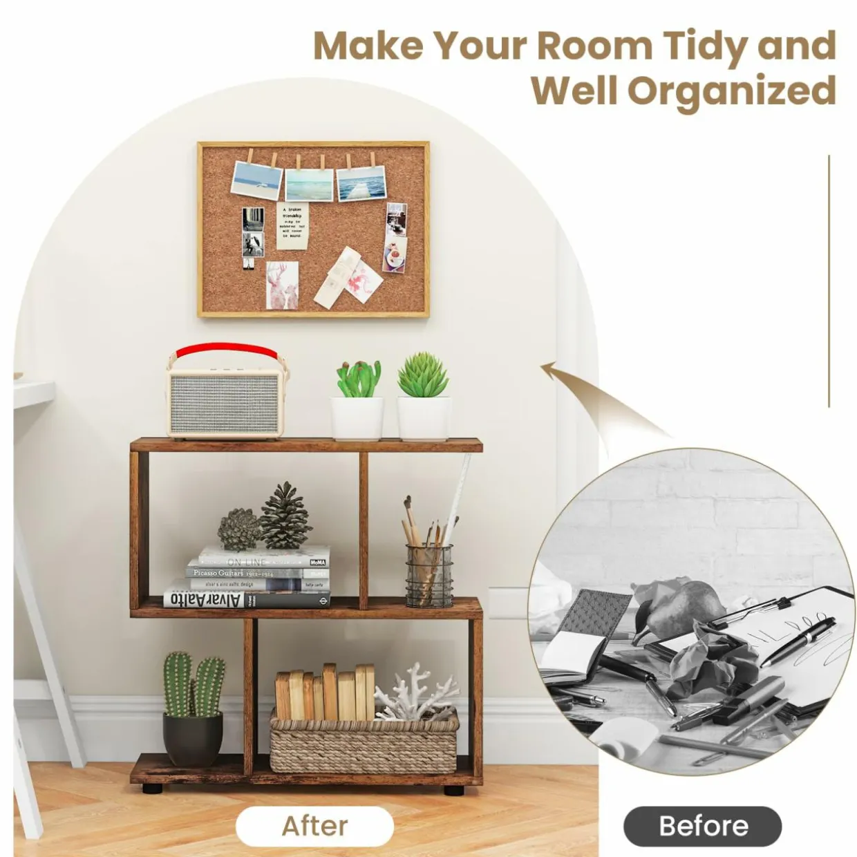 Tangkula 2 Tier Geometric Bookshelf, Freestanding Wood Display Shelf
