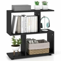 Tangkula 2 Tier Geometric Bookshelf, Freestanding Wood Display Shelf