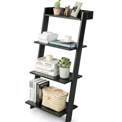 Tangkula 4 Tier Ladder Shelf, Leaning Bookshelf with Solid Wooden Frame