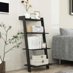 Tangkula 4 Tier Ladder Shelf, Leaning Bookshelf with Solid Wooden Frame