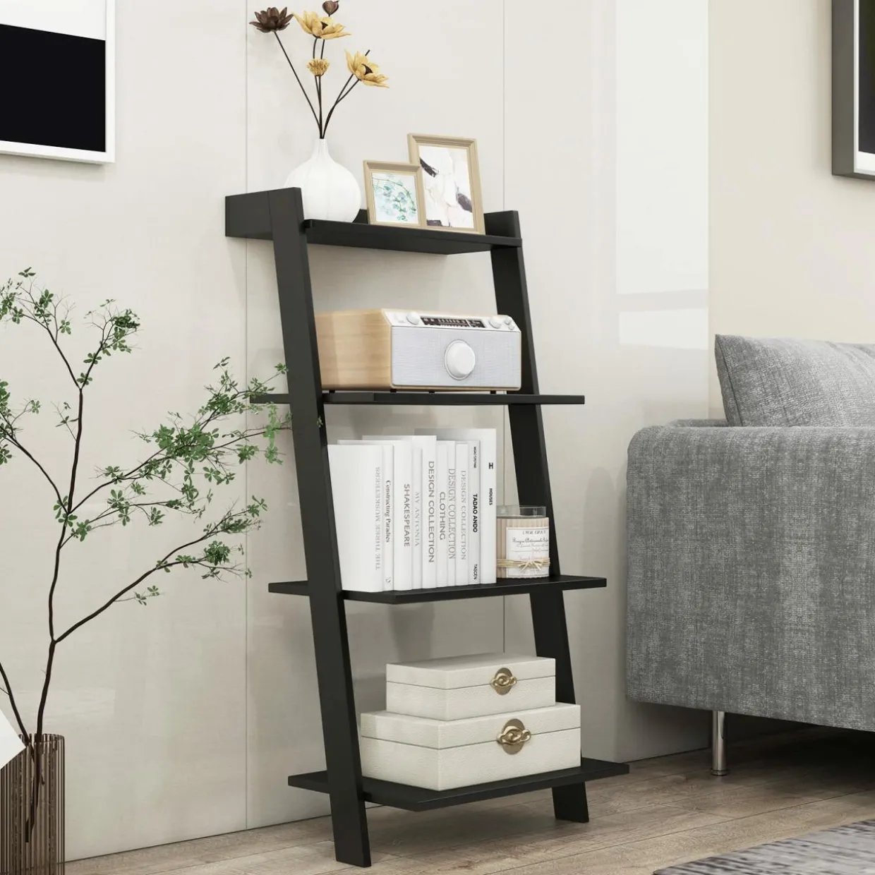 Tangkula 4 Tier Ladder Shelf, Leaning Bookshelf with Solid Wooden Frame