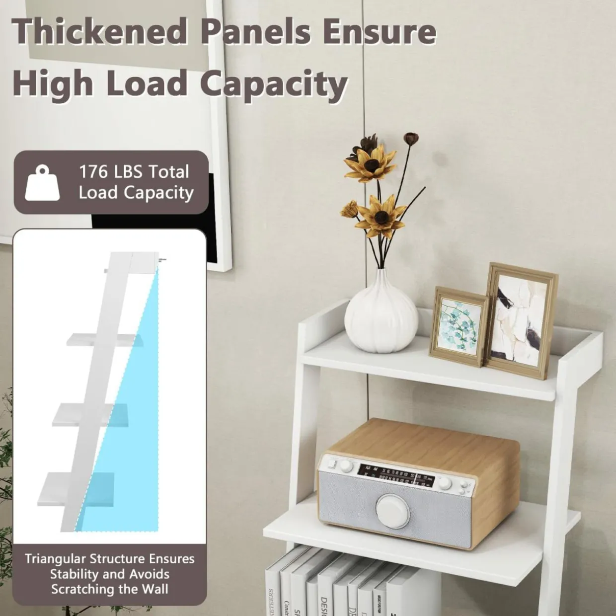 Tangkula 4 Tier Ladder Shelf, Leaning Bookshelf with Solid Wooden Frame