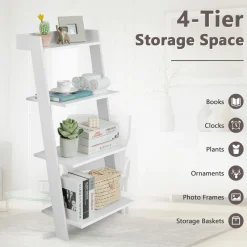 Tangkula 4 Tier Ladder Shelf, Leaning Bookshelf with Solid Wooden Frame