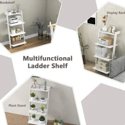Tangkula 4 Tier Ladder Shelf, Leaning Bookshelf with Solid Wooden Frame