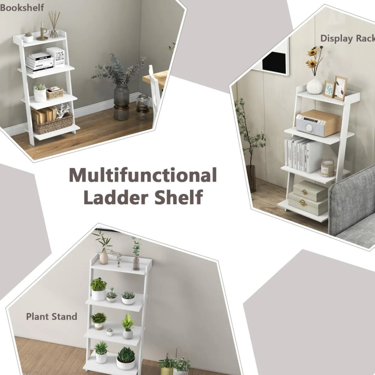 Tangkula 4 Tier Ladder Shelf, Leaning Bookshelf with Solid Wooden Frame