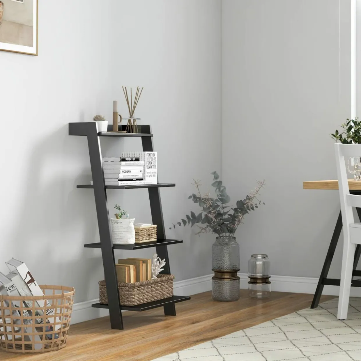Tangkula 4 Tier Ladder Shelf, Leaning Bookshelf with Solid Wooden Frame
