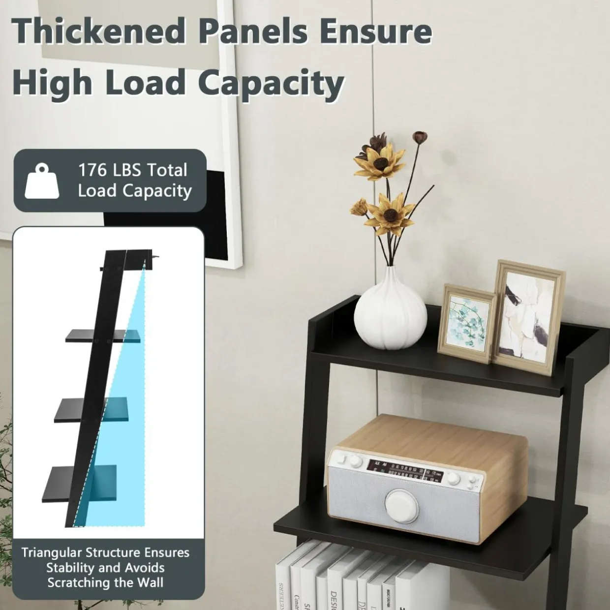 Tangkula 4 Tier Ladder Shelf, Leaning Bookshelf with Solid Wooden Frame