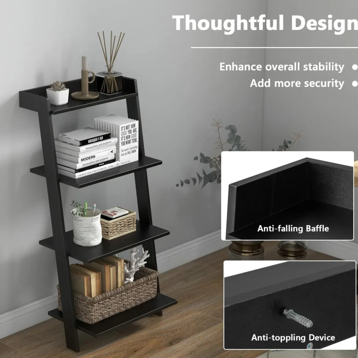 Tangkula 4 Tier Ladder Shelf, Leaning Bookshelf with Solid Wooden Frame