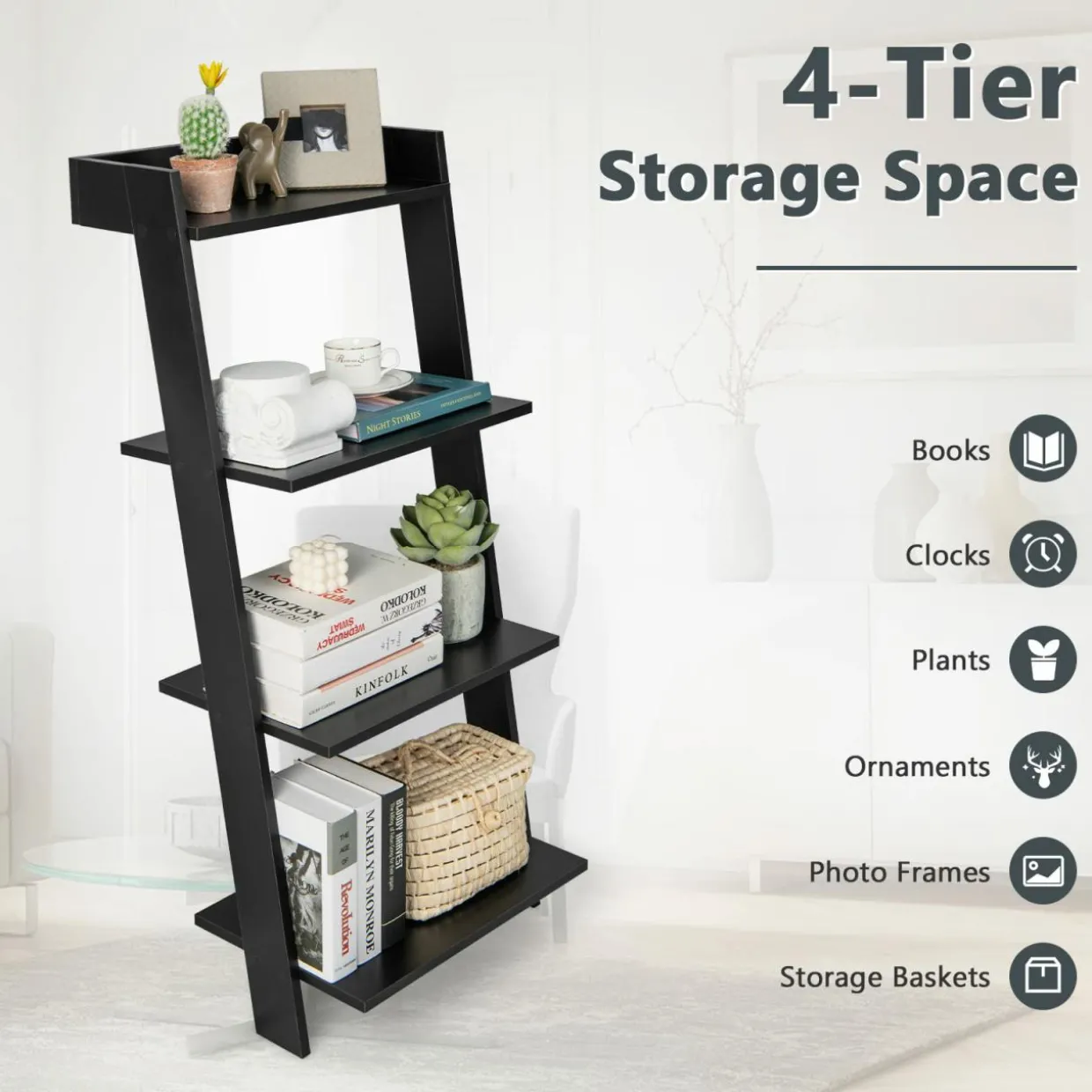 Tangkula 4 Tier Ladder Shelf, Leaning Bookshelf with Solid Wooden Frame