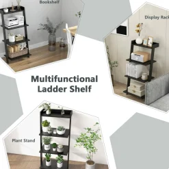Tangkula 4 Tier Ladder Shelf, Leaning Bookshelf with Solid Wooden Frame