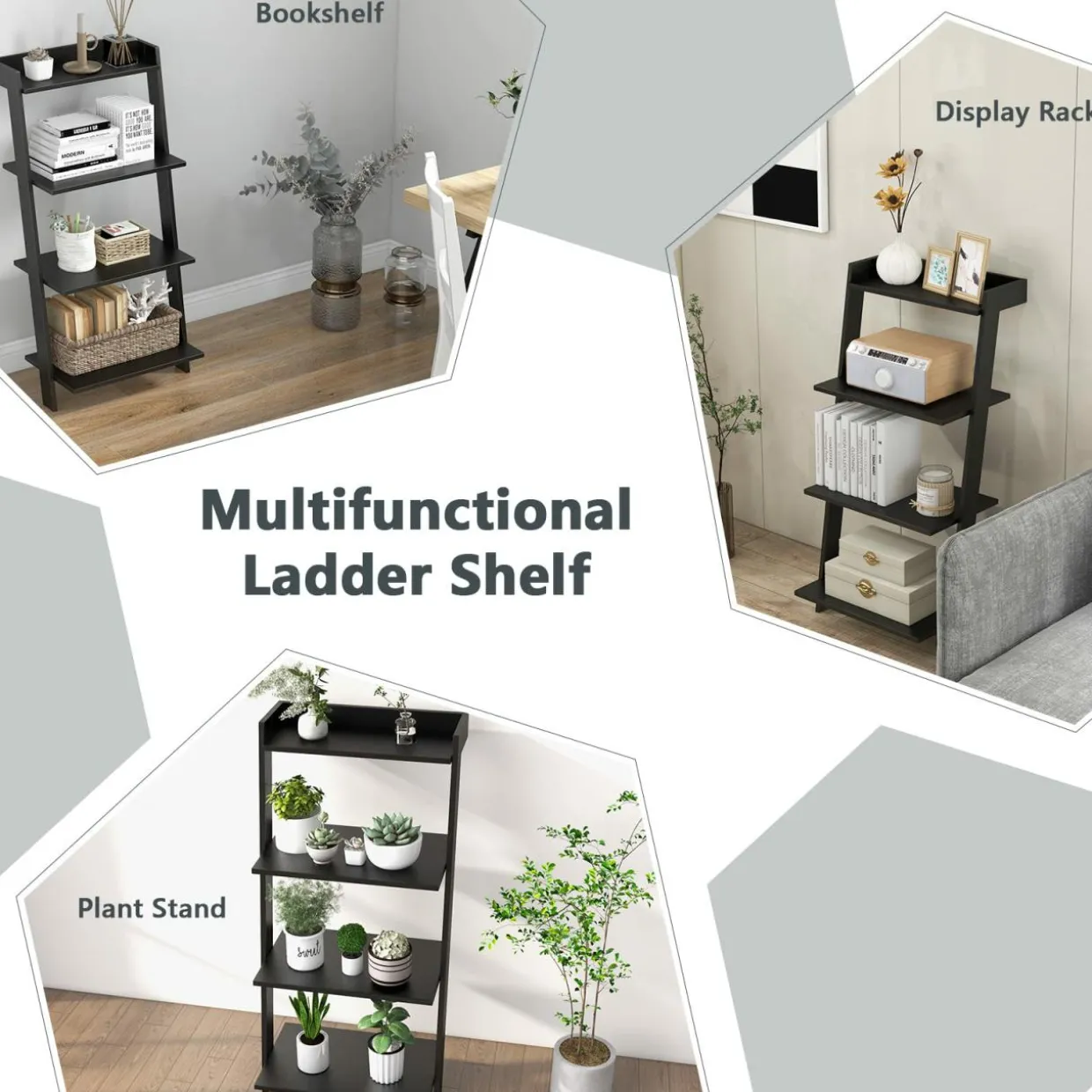 Tangkula 4 Tier Ladder Shelf, Leaning Bookshelf with Solid Wooden Frame