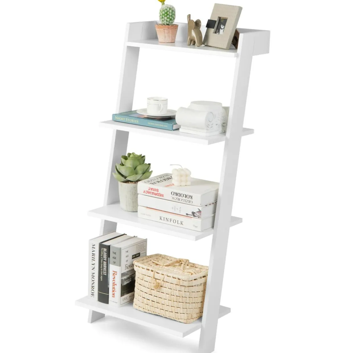 Tangkula 4 Tier Ladder Shelf, Leaning Bookshelf with Solid Wooden Frame