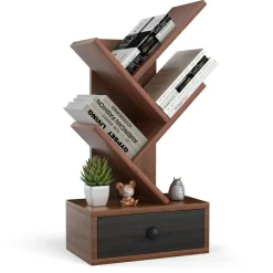 Tangkula 5 Tier Tree Bookshelf with Drawer, Rustic 5 Shelf Space Saving Corner Bookcase